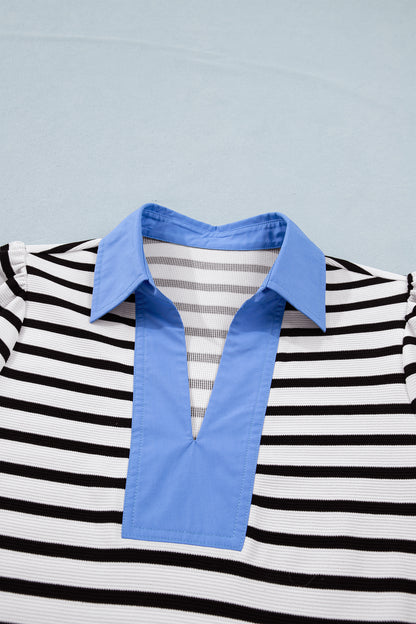 Striped Contrast Collar Puff Sleeve Blouse – Feminine Everyday Boutique Top