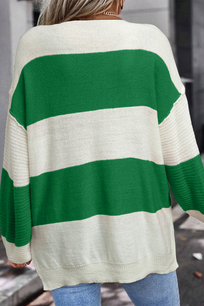 Red Stripe Cozy Color Block Bubble Sleeve Sweater