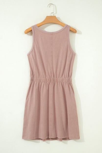 Dusty Taupe Sleeveless Elastic Waist Mini Dress – Casual Pocket Dress