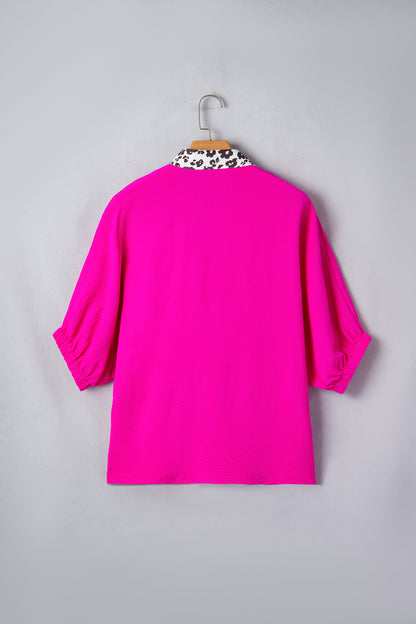 Leopard Trim V-Neck Blouse – Relaxed Fit Statement Top