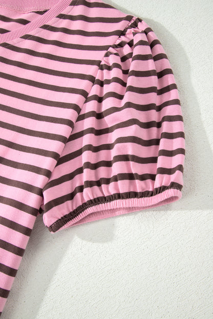 Pink Mocha Striped Puff Sleeve V-Neck T-Shirt – Casual Everyday Top