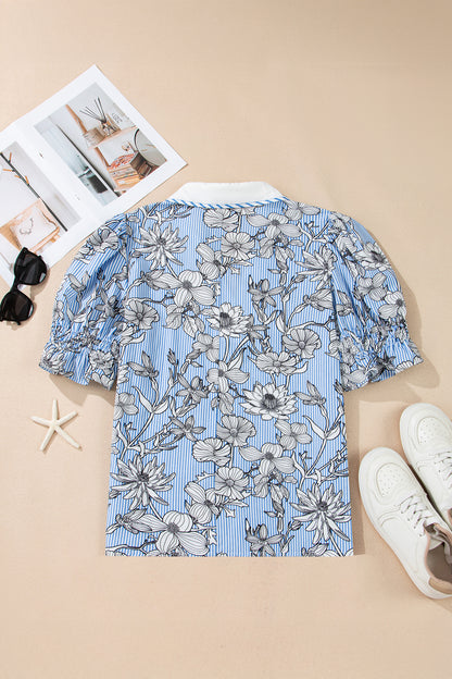 Blue Striped Floral V-Neck Short Sleeve Blouse for Women