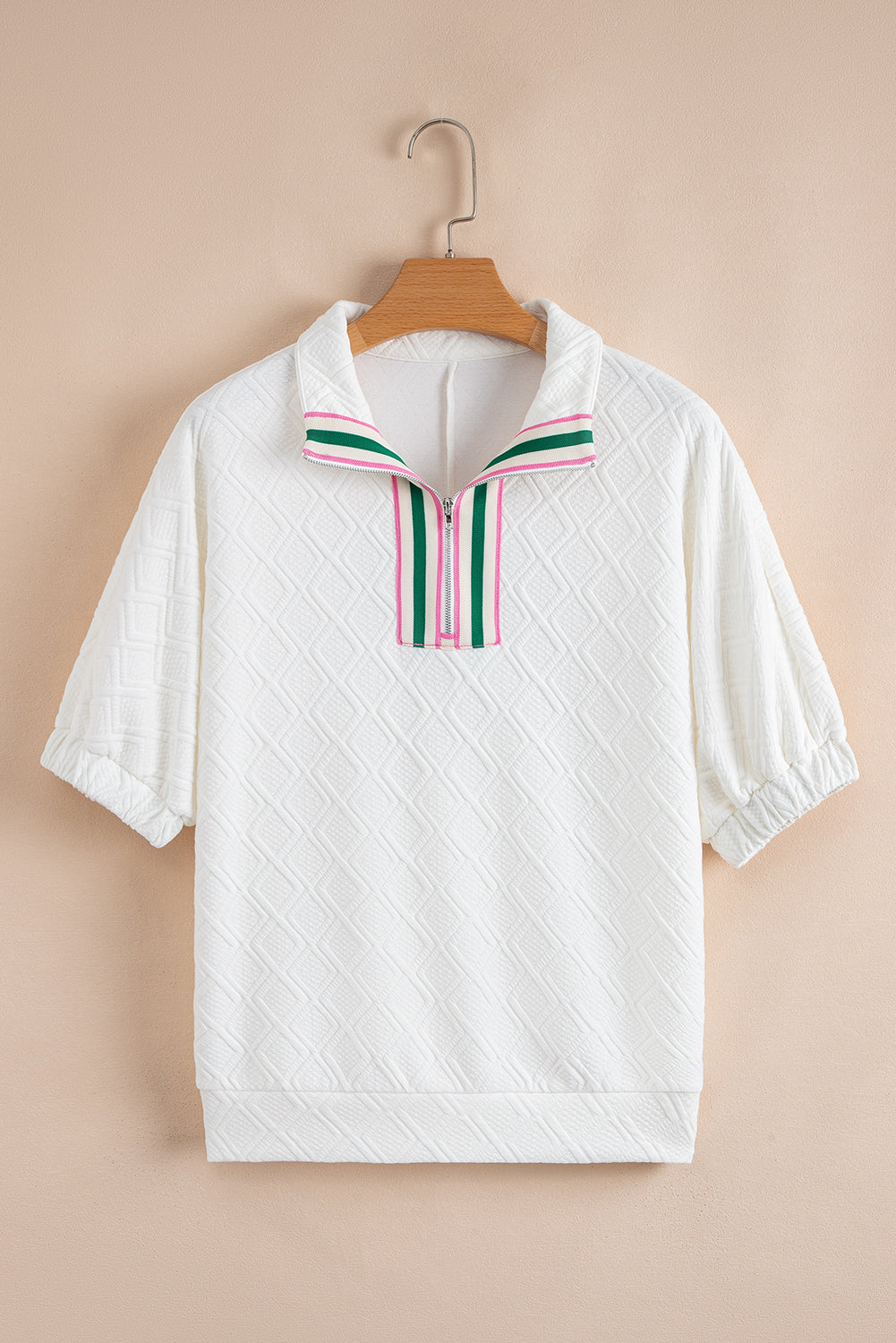 Quilted Zip Collar Puff Sleeve Top – Textured Casual Blouse