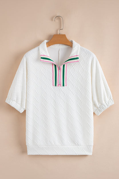 Quilted Zip Collar Puff Sleeve Top – Textured Casual Blouse