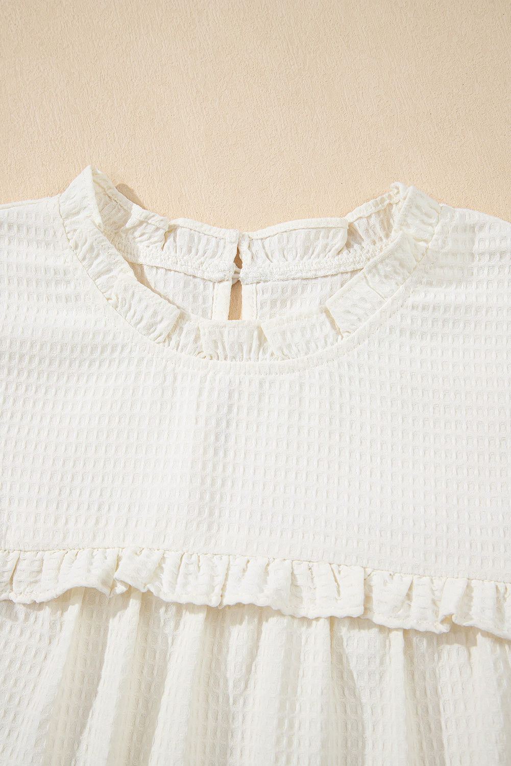 White Waffle Knit Ruffle Sleeve Blouse – Feminine Mock Neck Everyday Top