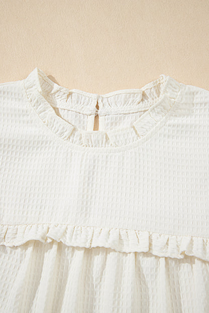 White Waffle Knit Ruffle Sleeve Blouse – Feminine Mock Neck Everyday Top