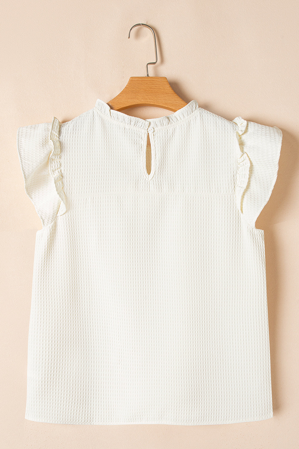 White Waffle Knit Ruffle Sleeve Blouse – Feminine Mock Neck Everyday Top
