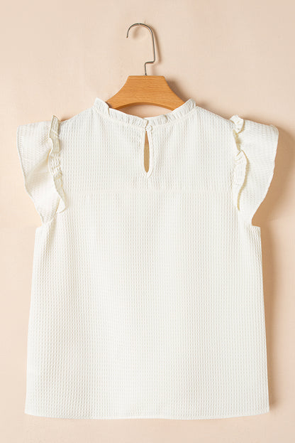 White Waffle Knit Ruffle Sleeve Blouse – Feminine Mock Neck Everyday Top
