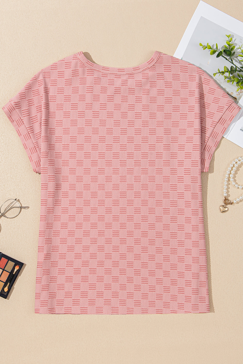 Apricot Pink Checkered Textured Round Neck Tee