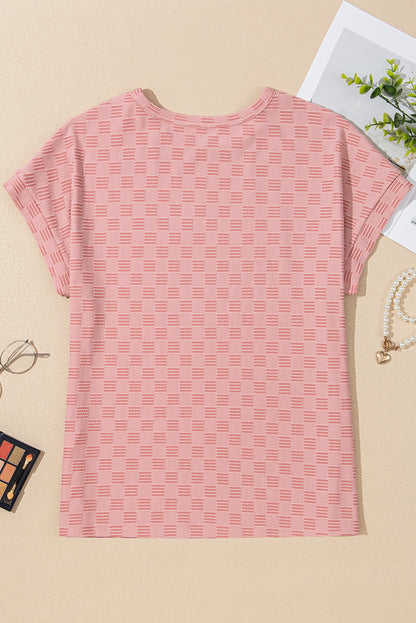 Apricot Pink Checkered Textured Round Neck Tee