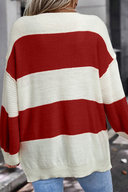 Red Stripe Cozy Color Block Bubble Sleeve Sweater