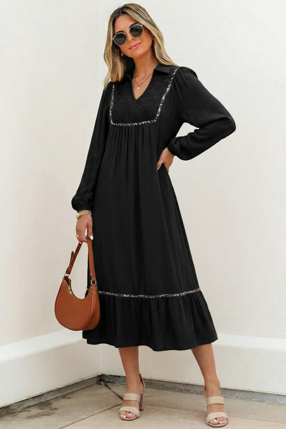 V-Neck Collared Smocked Yoke Long Sleeve Midi Dress – Black & Olive