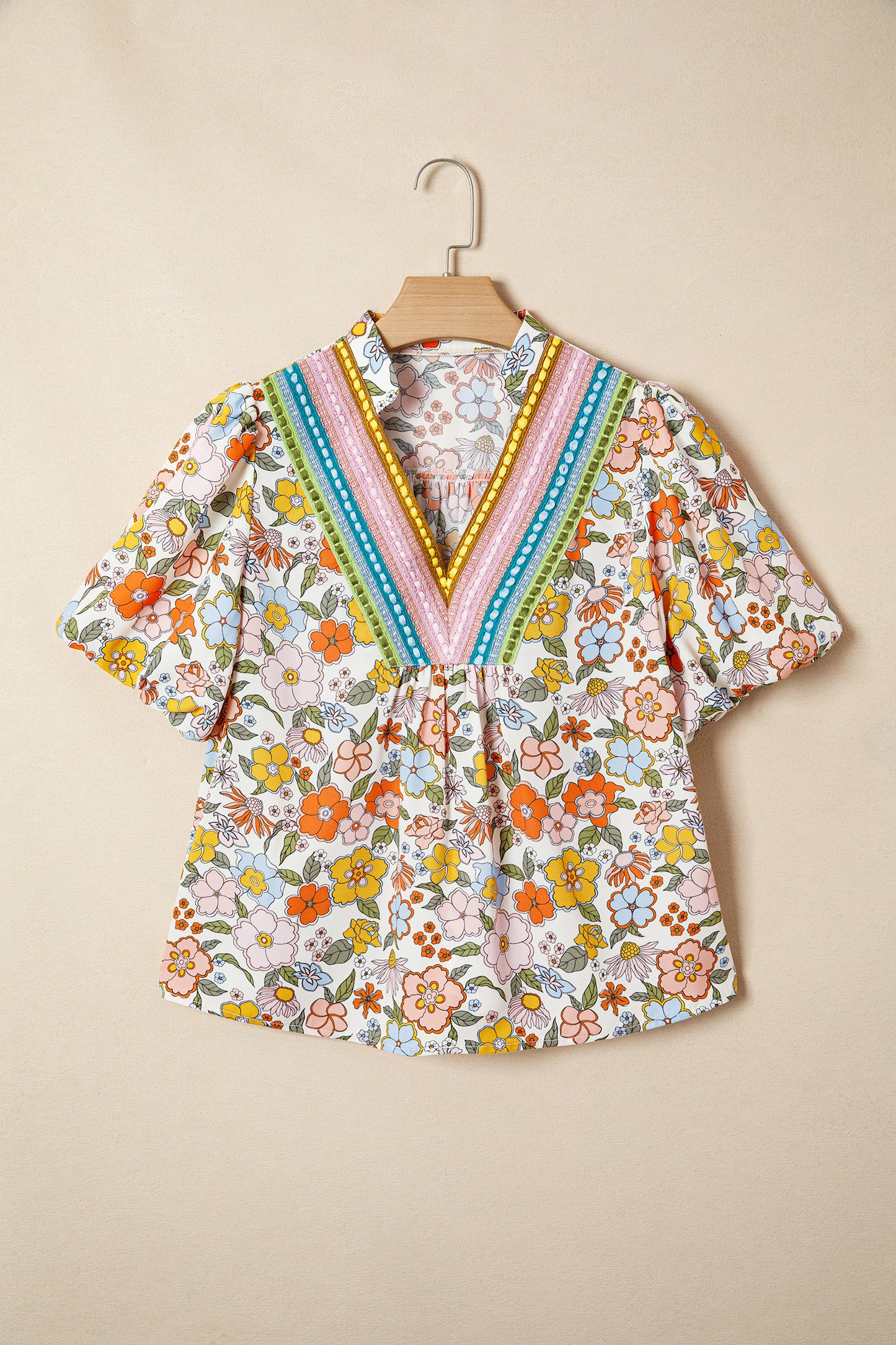 Multicolor Trim Floral V-Neck Blouse – Boho Puff Sleeve Top
