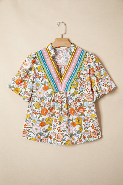 Multicolor Trim Floral V-Neck Blouse – Boho Puff Sleeve Top