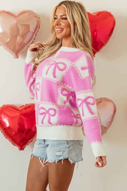 Pink Bow Checkered Knit Sweater