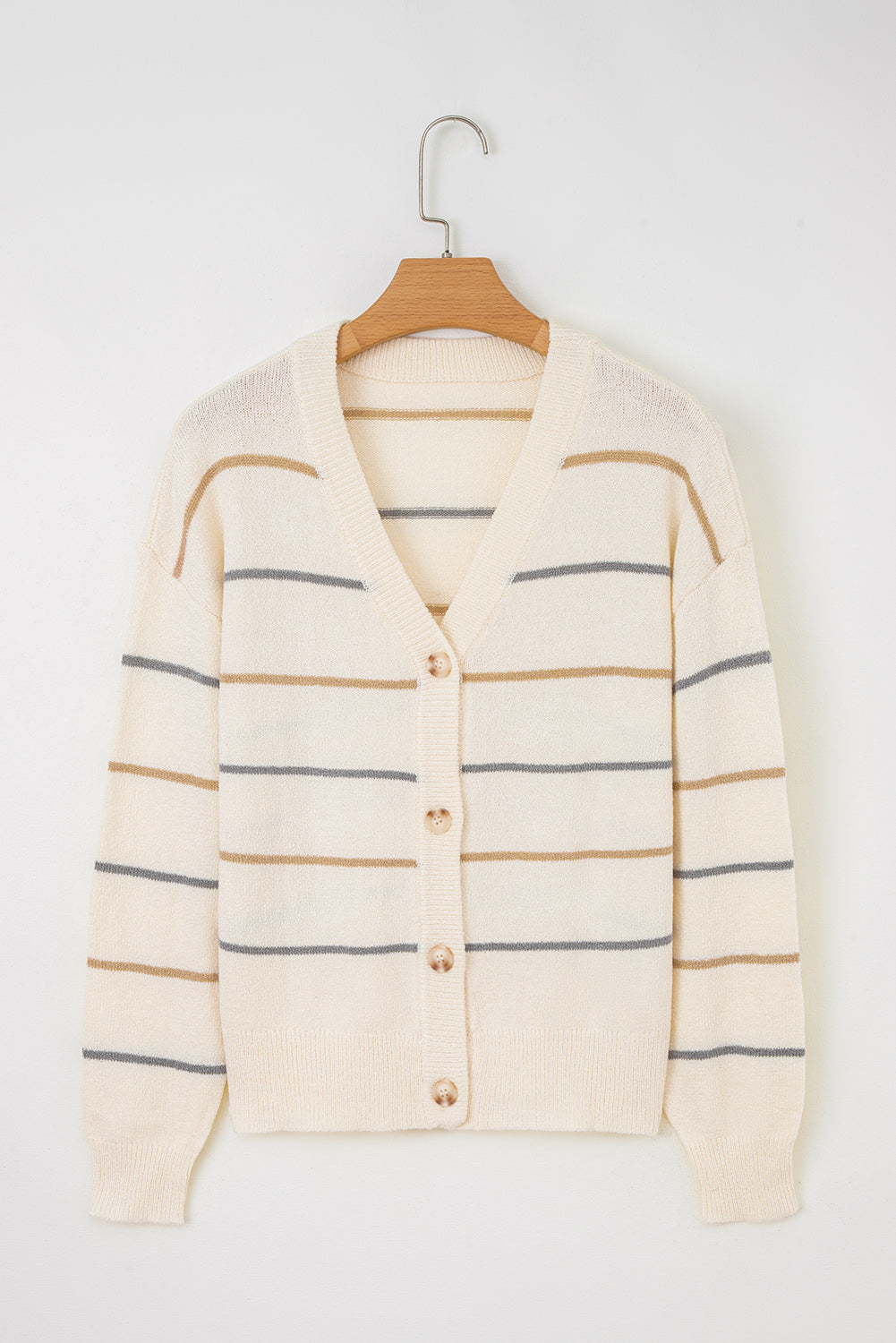 Cream striped button-front cardigan with camel tan and dusty blue-gray stripes, V-neckline, and relaxed drop-shoulder sleeves