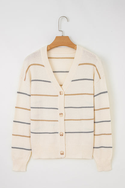 Cream striped button-front cardigan with camel tan and dusty blue-gray stripes, V-neckline, and relaxed drop-shoulder sleeves