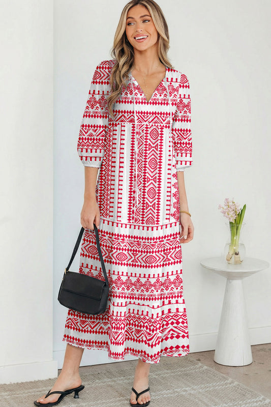 Red Boho Print V-Neck 3/4 Sleeve Elastic Cuff Tiered Maxi Dress