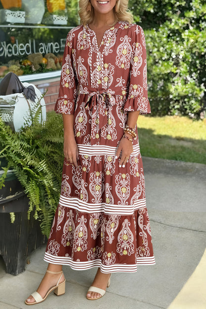 Rust Paisley 3/4 Flutter Sleeve Tie Waist Boho Maxi Dress