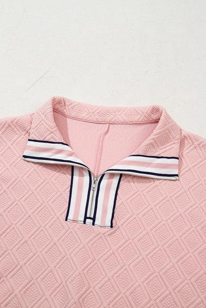 Quilted Zip Collar Puff Sleeve Top – Textured Casual Blouse