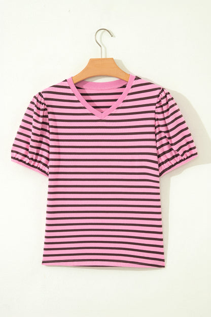 Pink Mocha Striped Puff Sleeve V-Neck T-Shirt – Casual Everyday Top