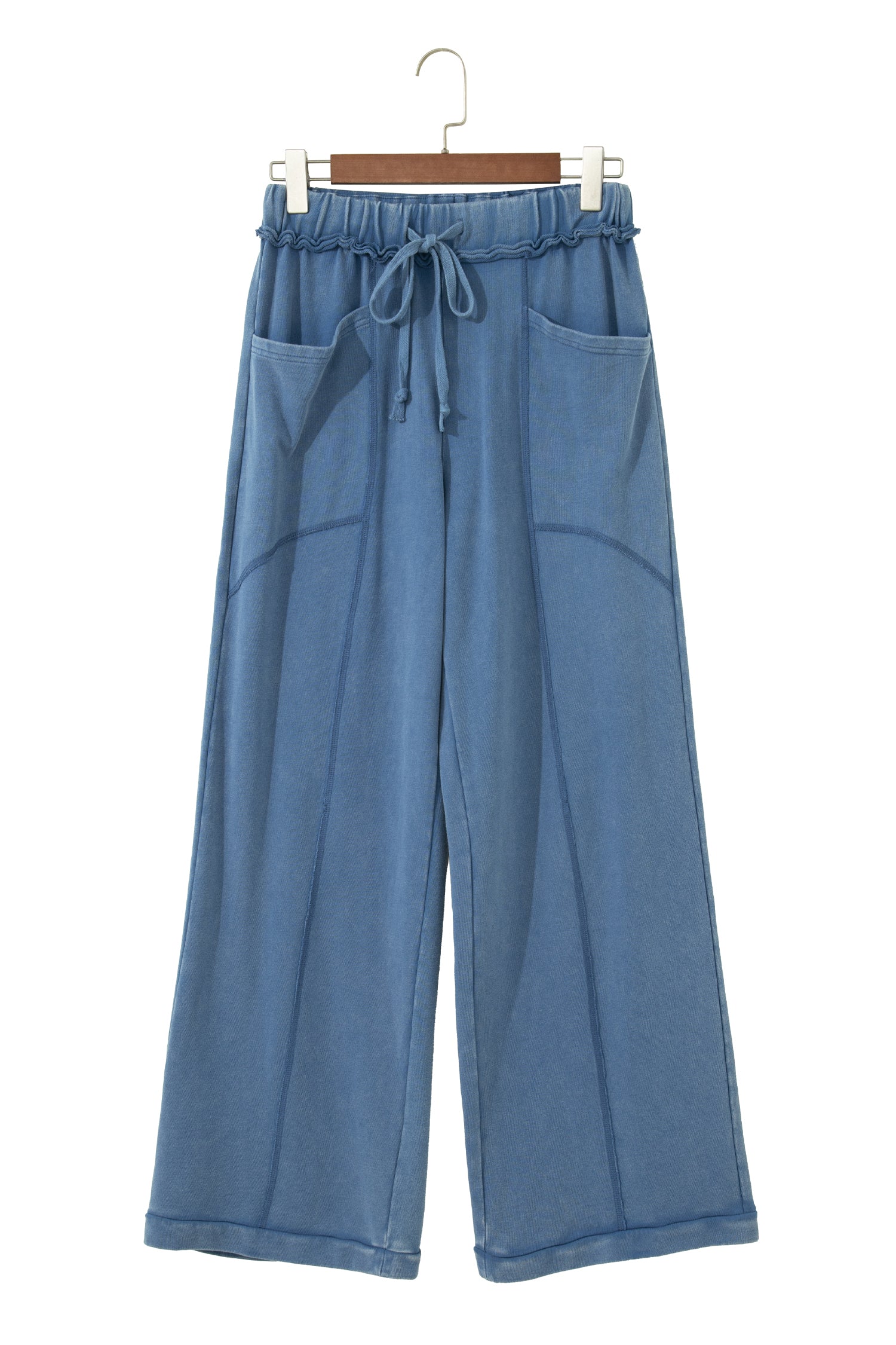 Dusty Blue washed cotton wide leg pants with drawstring waist, oversized patch pockets, and relaxed fit.