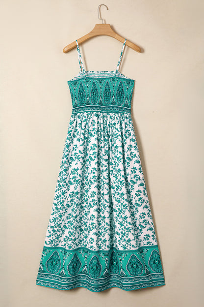 Green Boho Floral Smocked Cami Maxi Dress