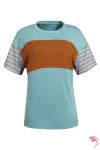 Striped Sleeve Color block Tee – Casual Chest Panel Short Sleeve Everyday Top