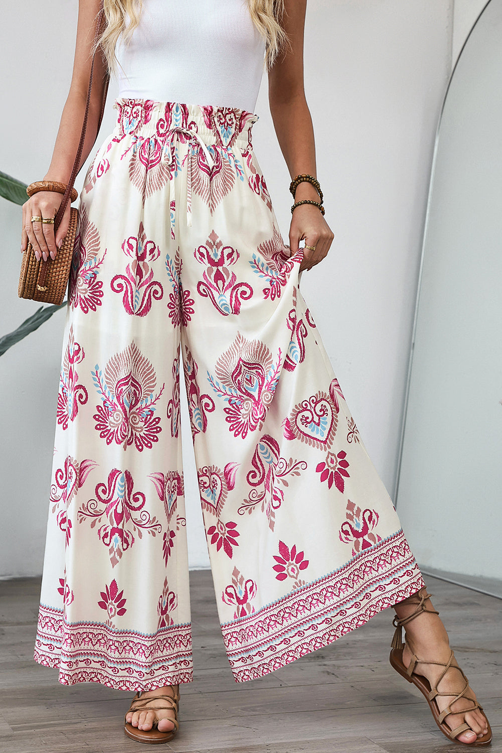 Rose Boho Printed Shirred High Waist Flowy Pants