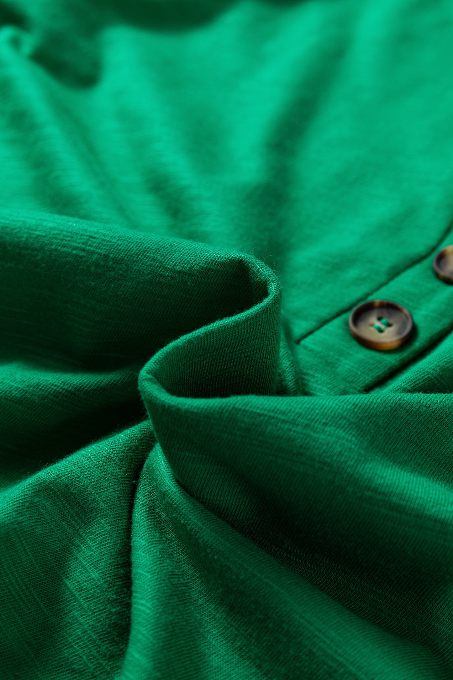 Emerald Green split neck button detail long sleeve top with gathered cuff sleeves