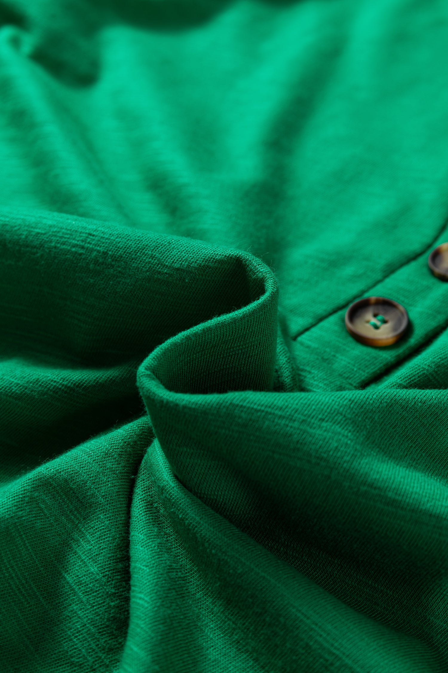 Emerald Green split neck button detail long sleeve top with gathered cuff sleeves