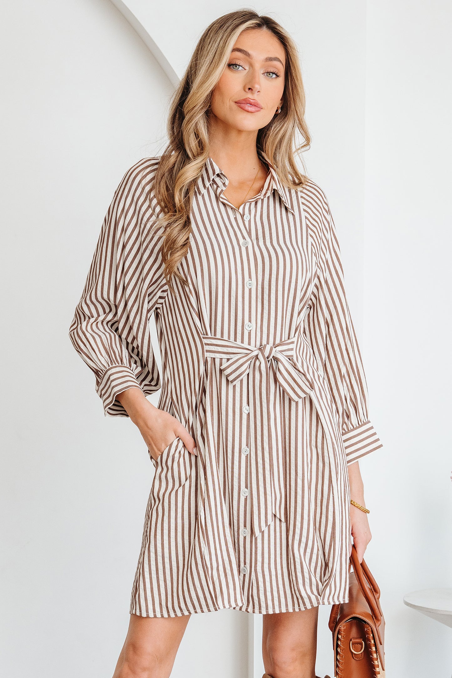 Neutral Taupe Striped Button Front Shirt Dress with Waist Tie