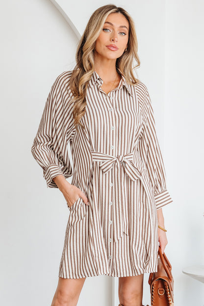 Neutral Taupe Striped Button Front Shirt Dress with Waist Tie
