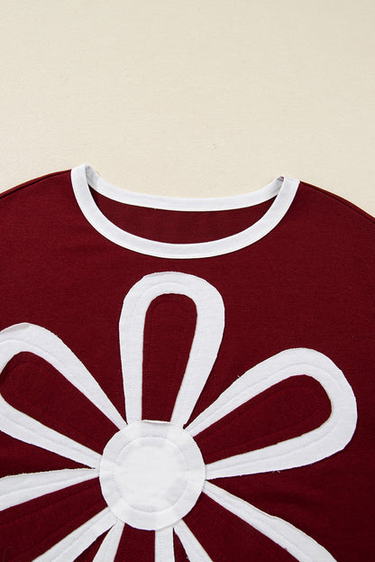 Red Dahlia Daisy Patch Long Sleeve Top – Contrast Trim Crew Neck