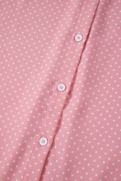 Polka Dot Button Front Blouse – Short Sleeve Collared Top