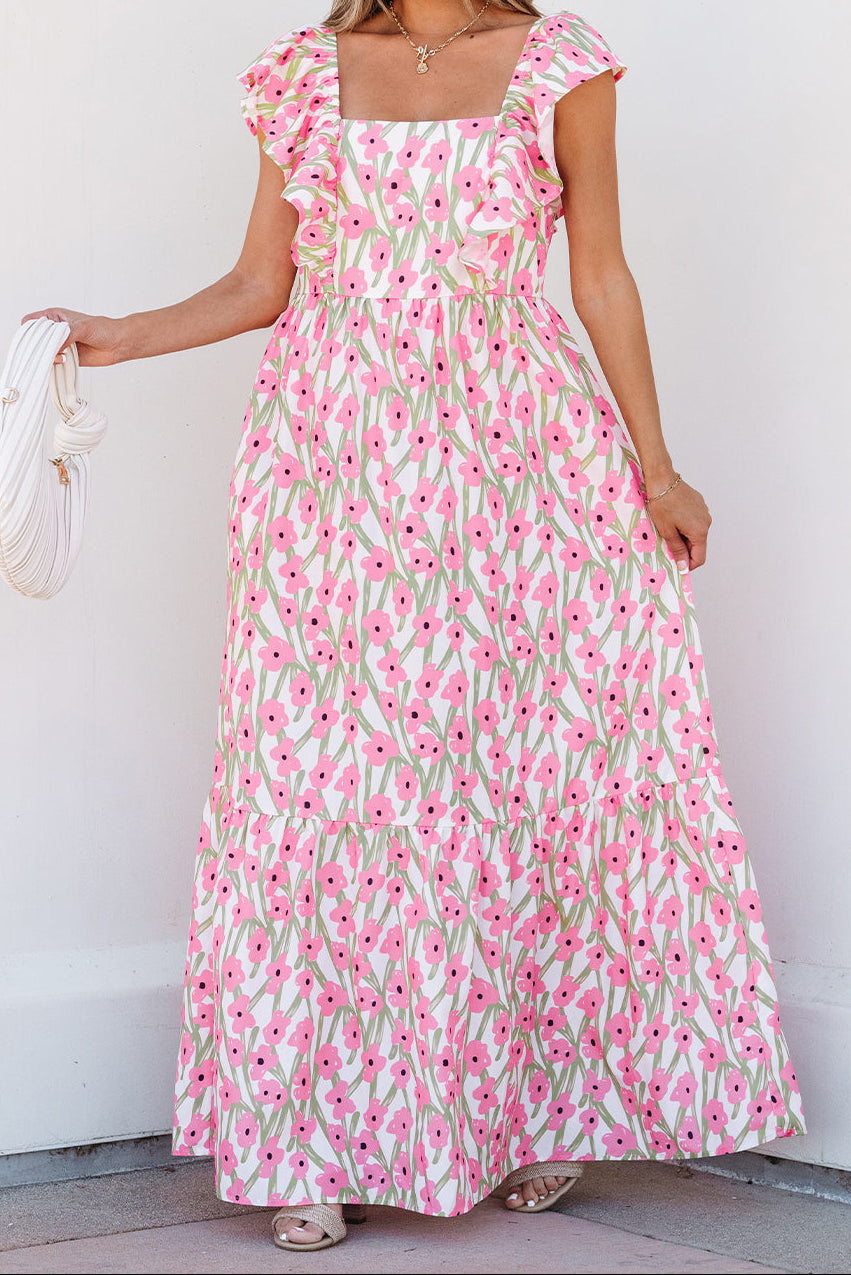 Willow Floral Square Neck Ruffle Sleeve Pocket Maxi Dress