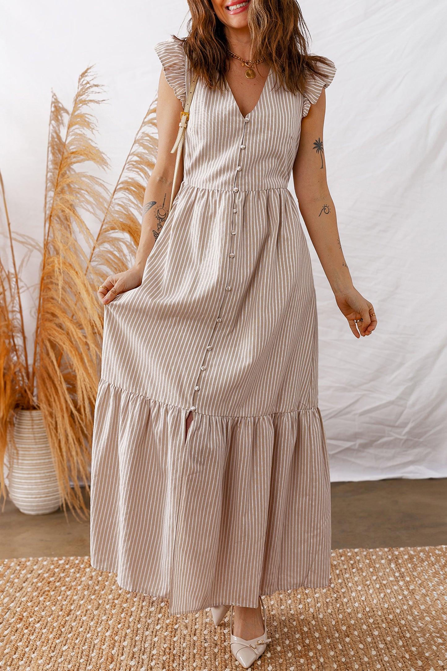 Amalfi Beige Stripe Button Front Maxi Dress