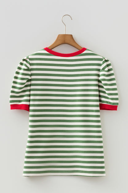 Striped Puff Sleeve Blouse – Casual Contrast Trim Everyday Top