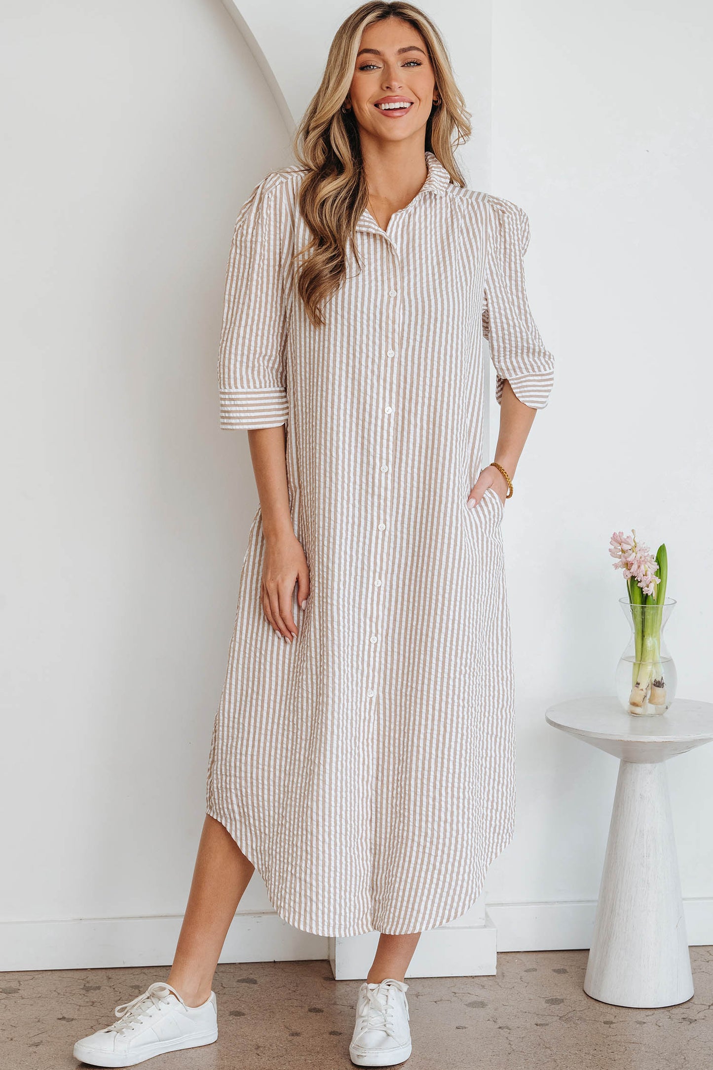Khaki Striped Button Down Shirt Maxi Dress with Pockets