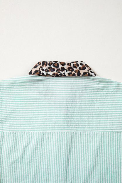 Leopard Contrast Collar Striped Blouse – Casual Everyday Button Front Top
