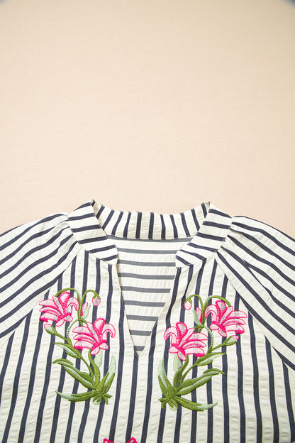 White Navy Striped Floral Embroidered Blouse – Puff Sleeve Everyday Boutique Top