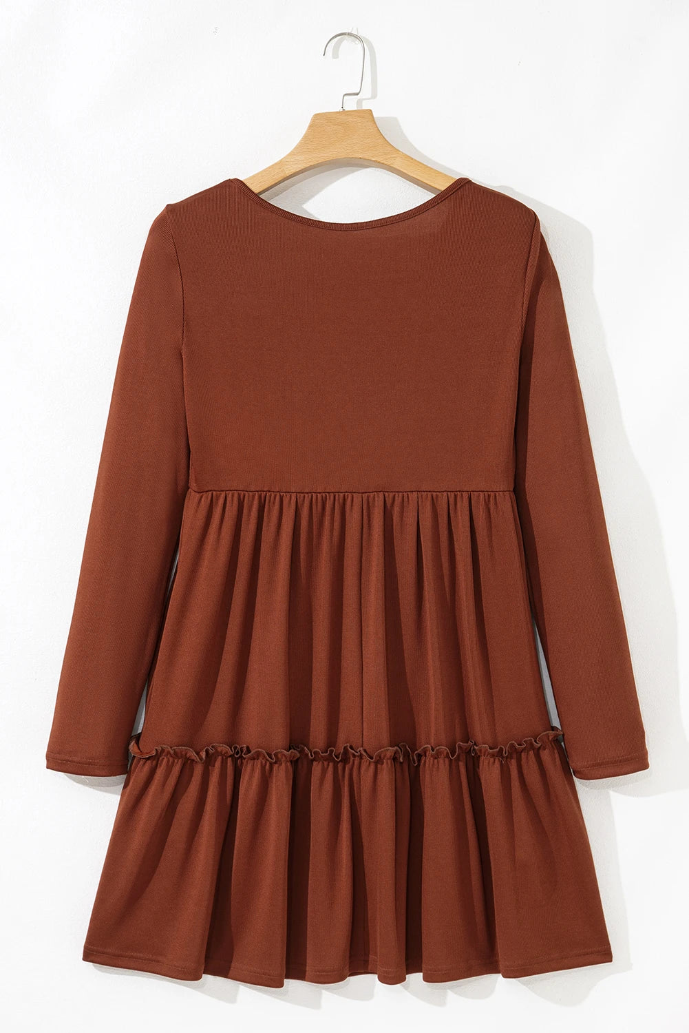 Soft Rust Ribbed Frilled Trim High‑Waist Long Sleeve Mini Dress