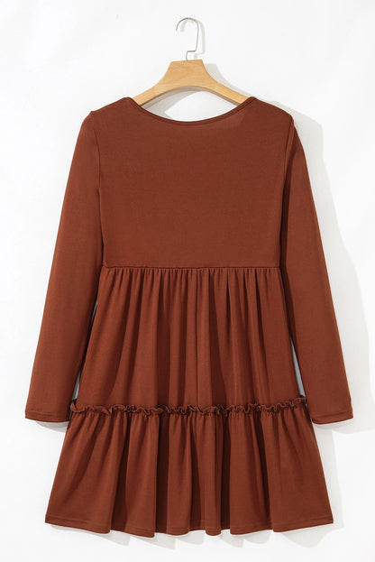 Soft Rust Ribbed Frilled Trim High‑Waist Long Sleeve Mini Dress