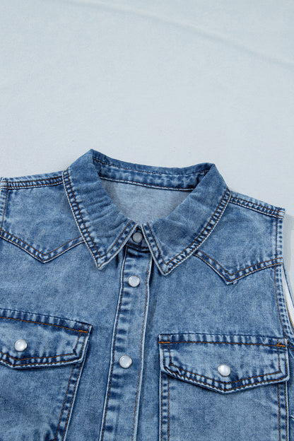 Women's Vintage Denim Wash Acid Wash Sleeveless Denim Button-Up Tank Top featuring a collared neckline, snap button front, western yoke, flap chest pockets, and curved hem.