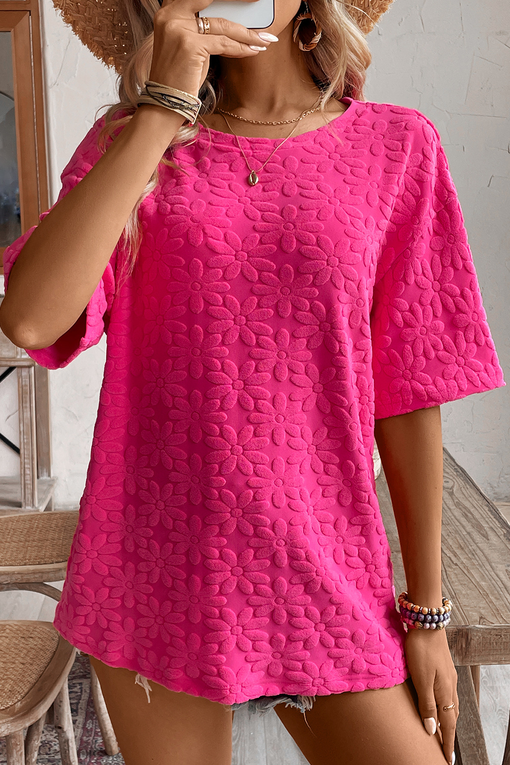 Rose Red Daisy Jacquard Half Sleeve Tee