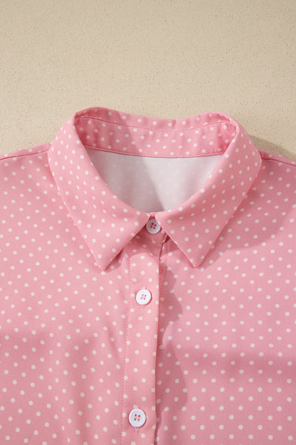 Polka Dot Button Front Blouse – Short Sleeve Collared Top