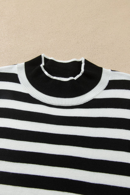 Striped Mock Neck Sweater – Faux Layered Eyelet Lace Hem