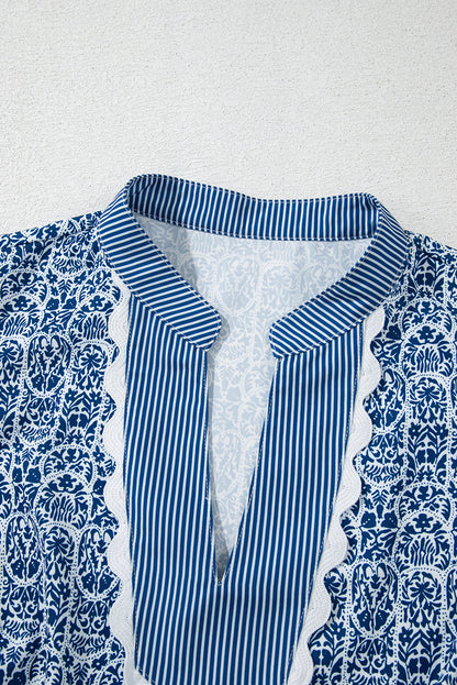 Printed Puff Sleeve Blouse – Striped Neckline Embroidered Trim Top