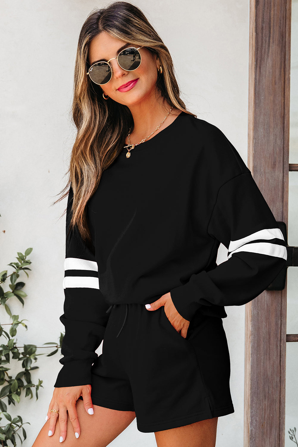 Varsity Striped Sleeve Drop Shoulder Sweatshirt & Short Set