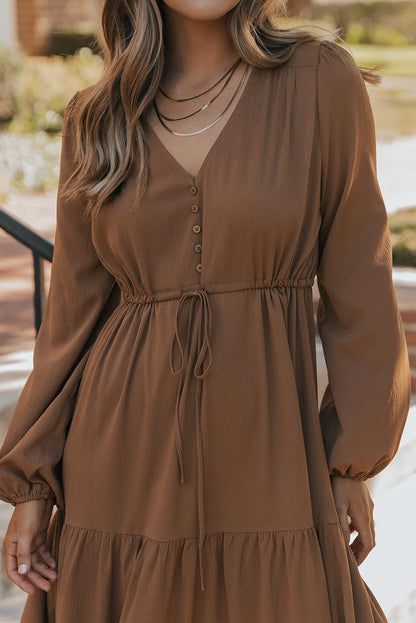Long Sleeve V‑Neck Button Front Tiered Maxi Dress